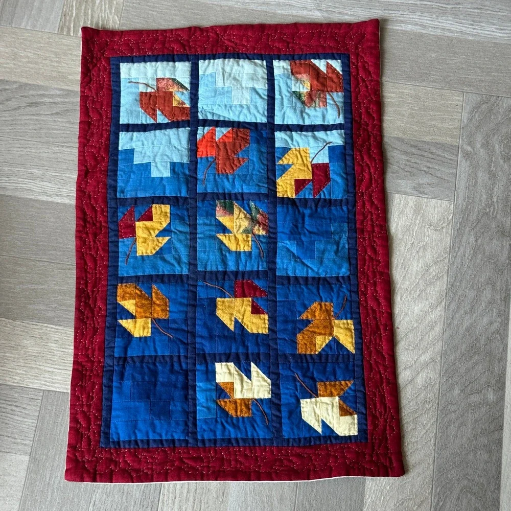 Handmade Quilted Autumn Leaf Wall Hanging Blue Red Fall Patchwork Folk Art Decor